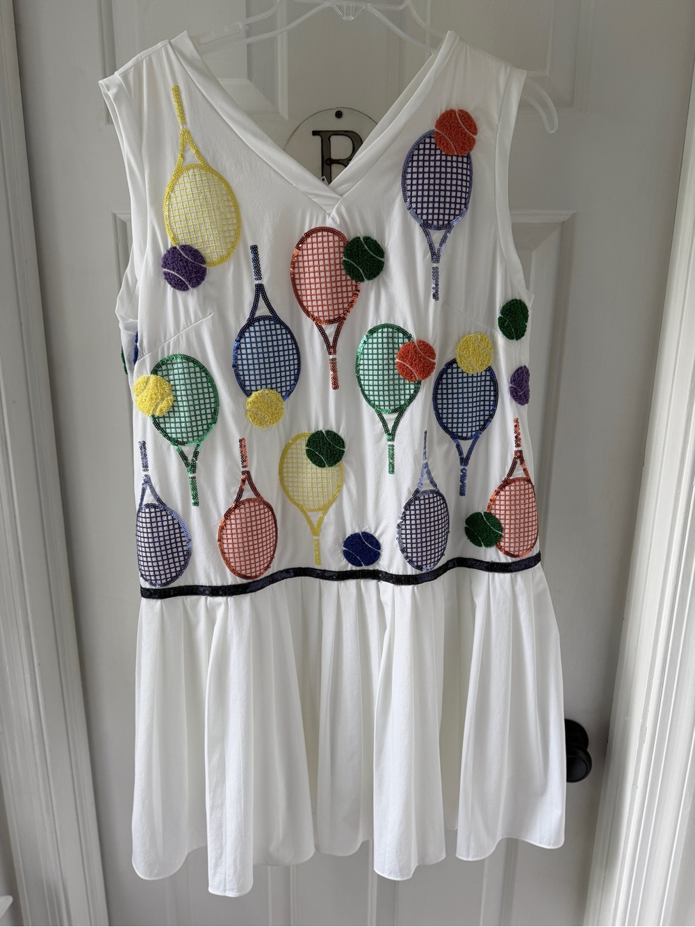 Queen of Sparkles Womens White Tennis Dress with Colorful Racket Appliqués XL